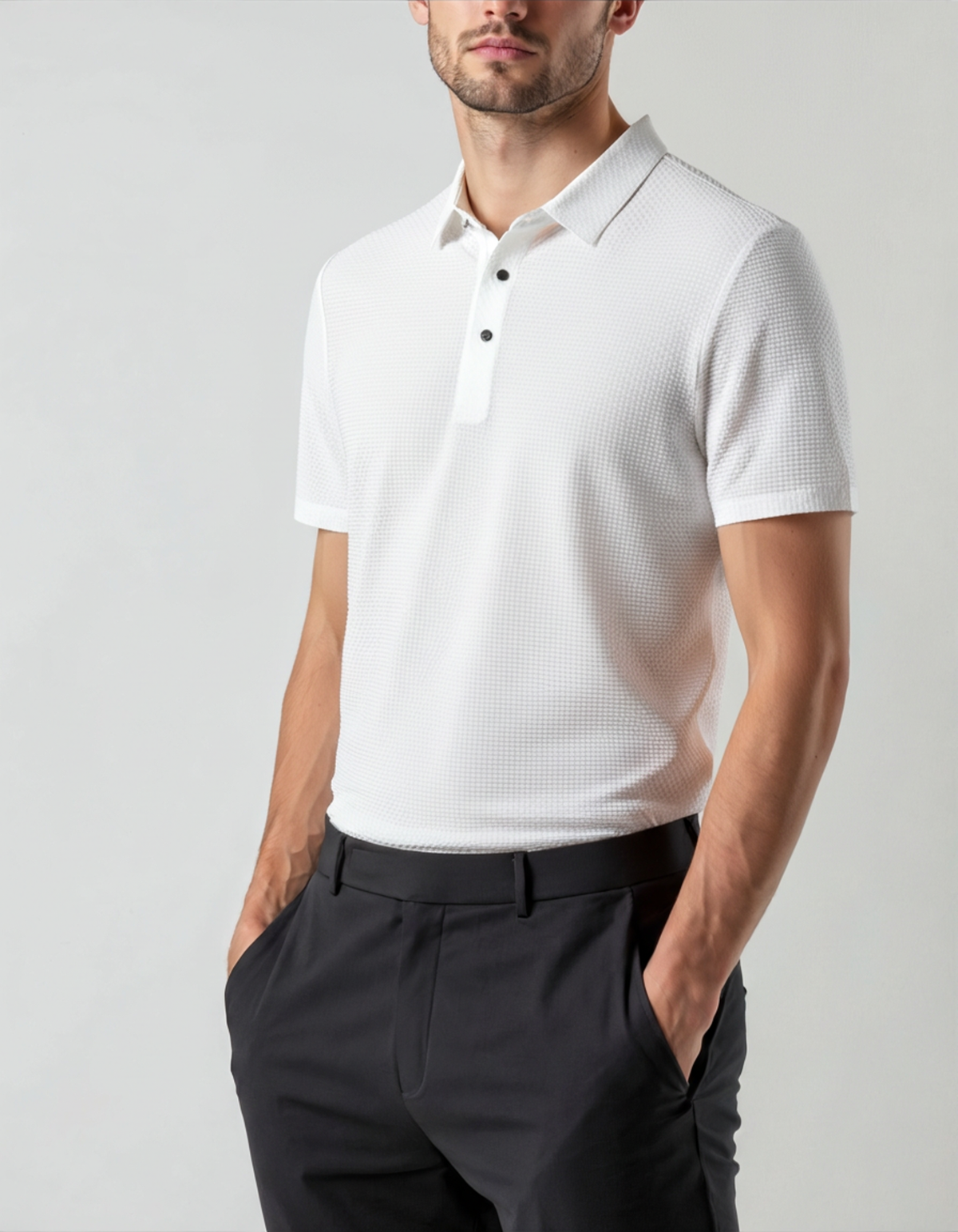 Men's Smooth Short Sleeve Polo with Two-Button Placket - White