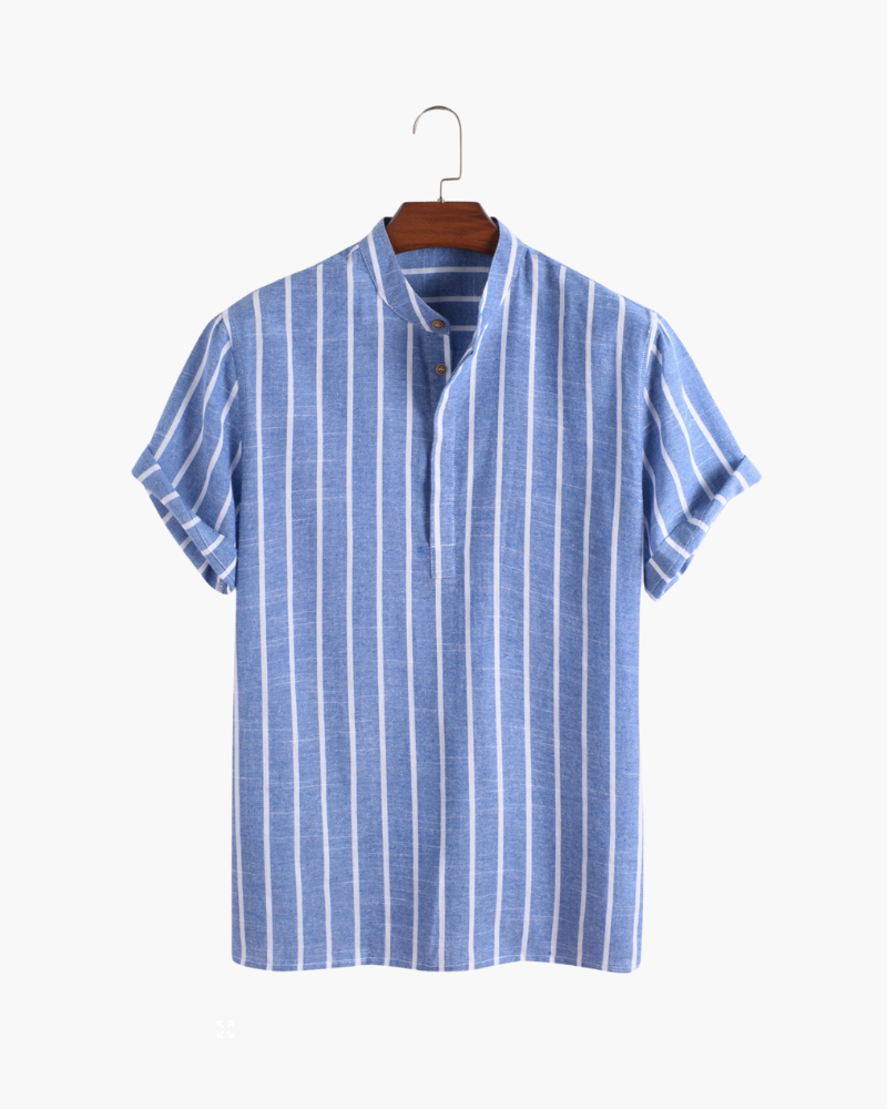 Men's Striped Band Collar Polo Shirt with Short Sleeves - Blue