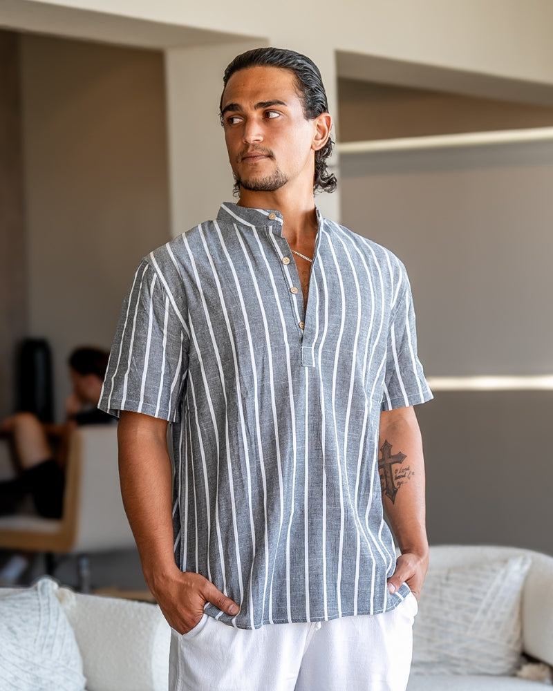 Men's Striped Band Collar Polo Shirt with Short Sleeves