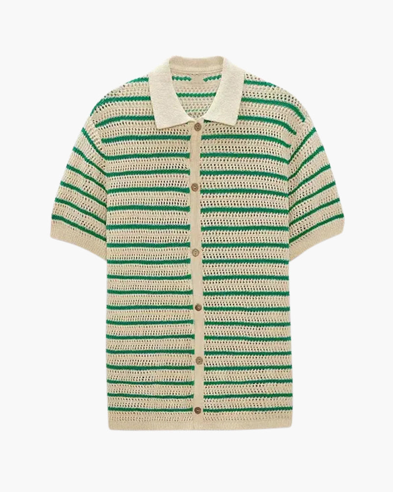 Men's Striped Crochet Knit Shirt with Short Sleeves and Buttons