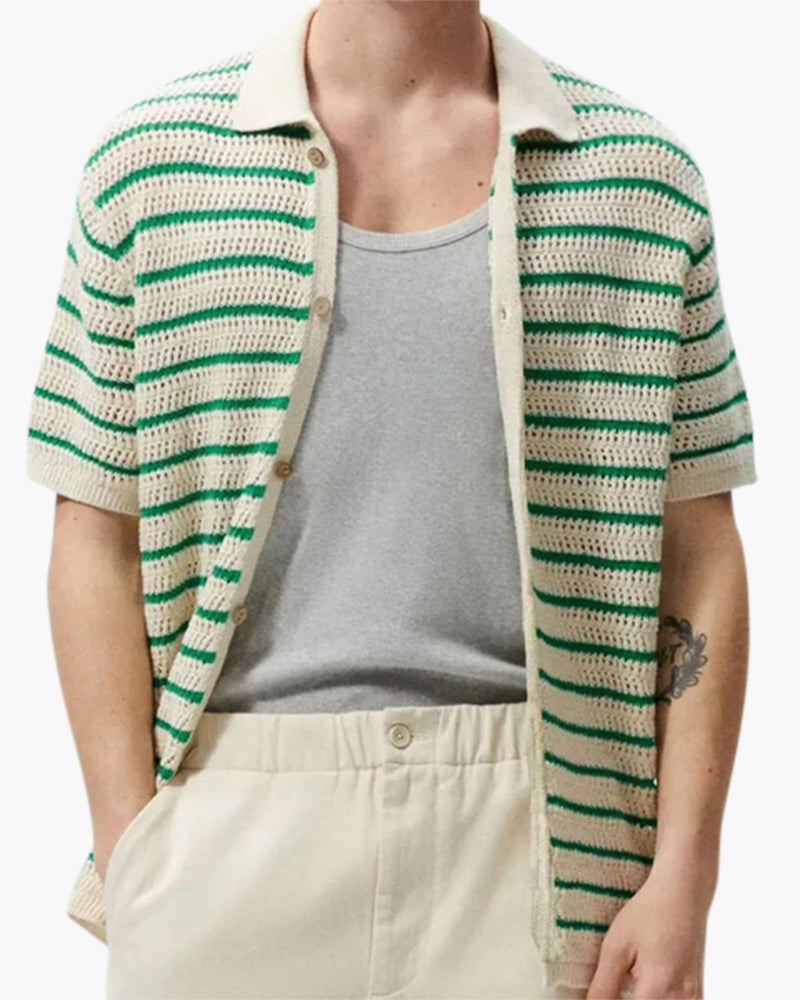 Men's Striped Crochet Knit Shirt with Short Sleeves and Buttons