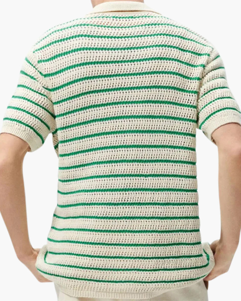 Men's Striped Crochet Knit Shirt with Short Sleeves and Buttons