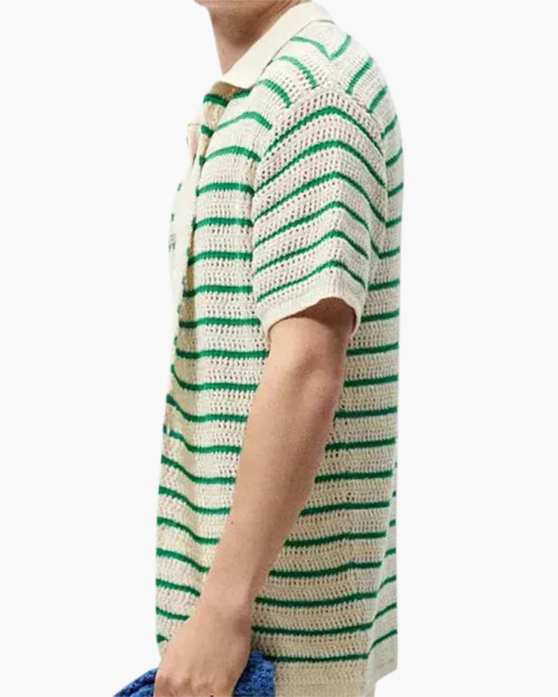 Men's Striped Crochet Knit Shirt with Short Sleeves and Buttons