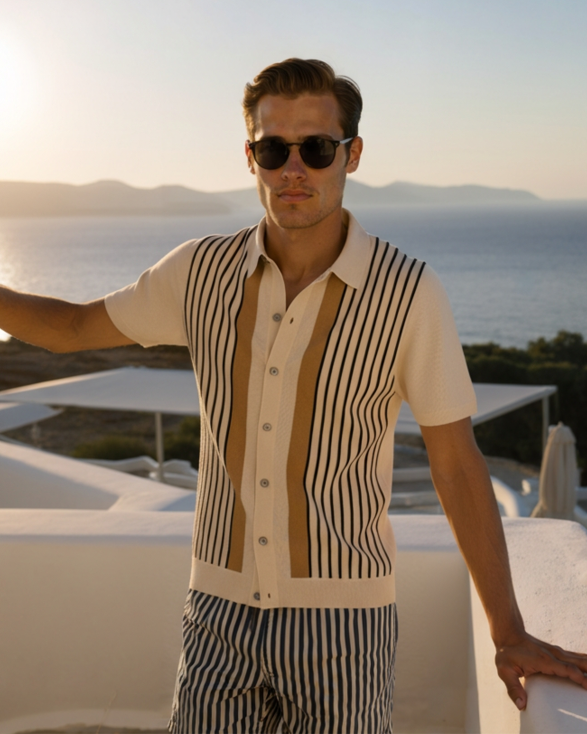 Men's Striped Knit Button-Through Polo with Short Sleeves