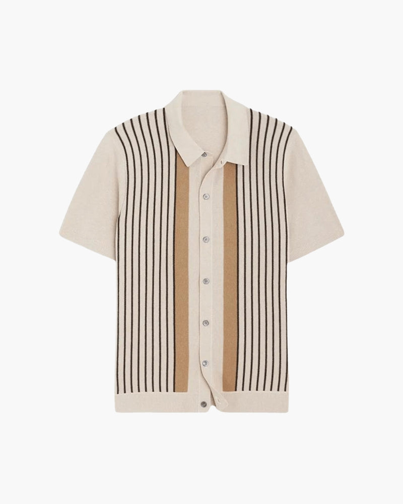 Men's Striped Knit Button-Through Polo with Short Sleeves