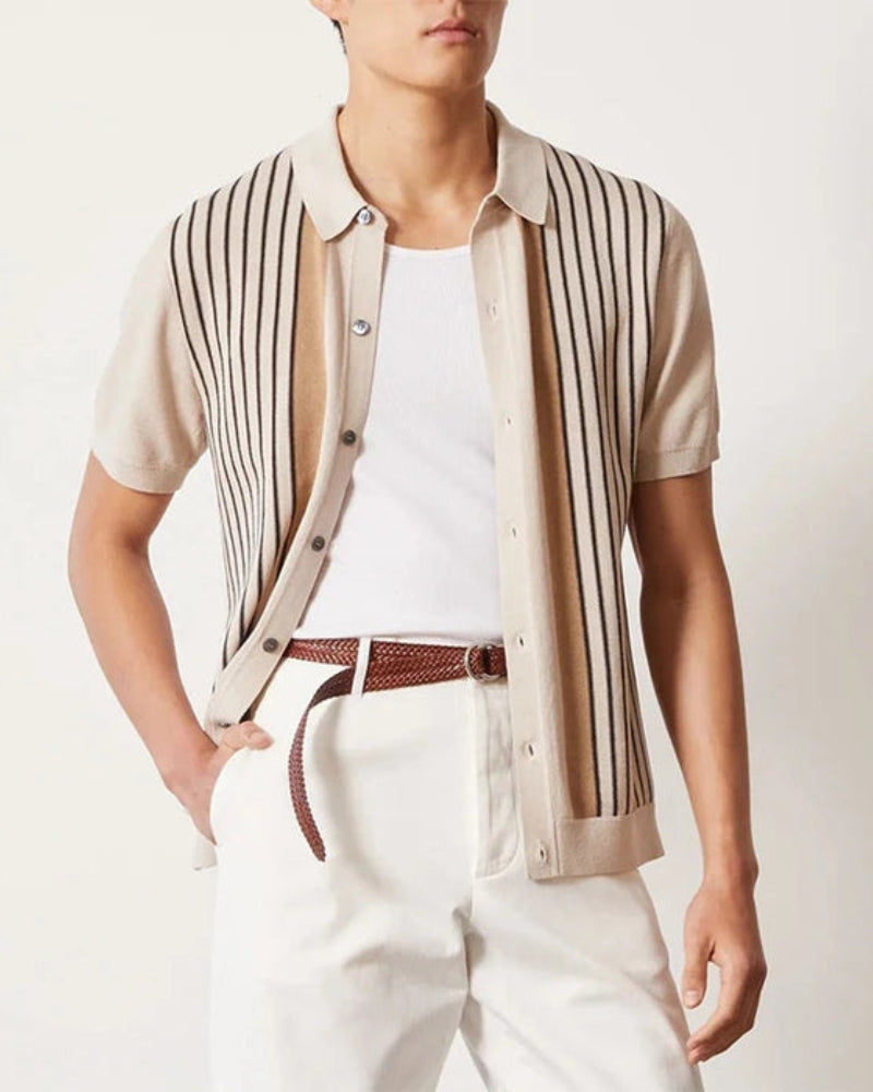 Men's Striped Knit Button-Through Polo with Short Sleeves
