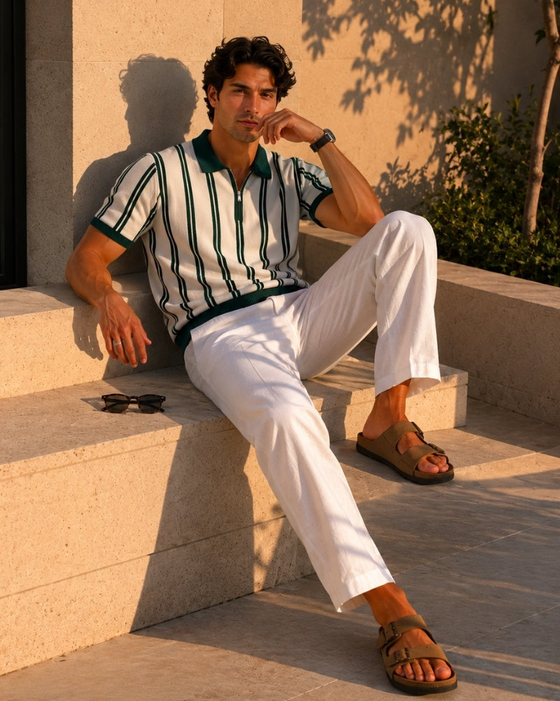 Men's Striped Knit Polo with Half-Zip and Contrast Collar