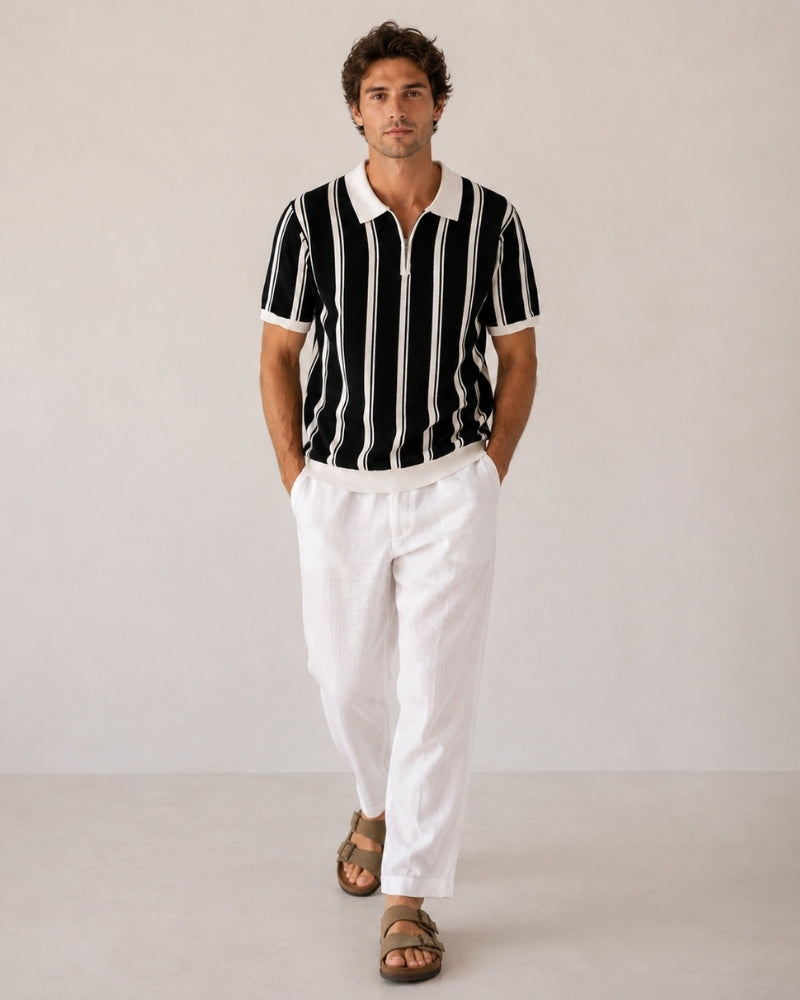 Men's Striped Knit Polo with Half-Zip and Contrast Collar