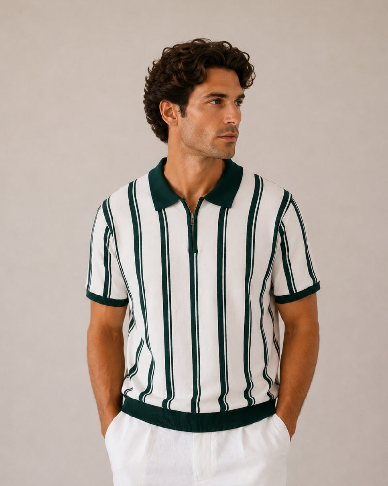 Men's Striped Knit Polo with Half-Zip and Contrast Collar