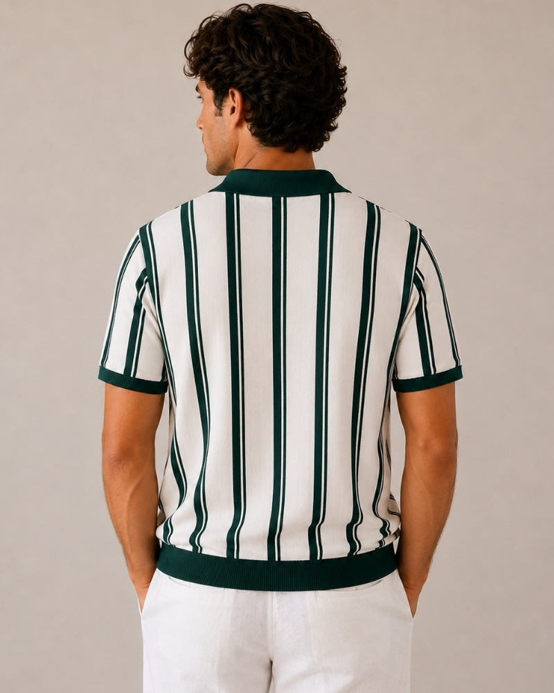 Men's Striped Knit Polo with Half-Zip and Contrast Collar