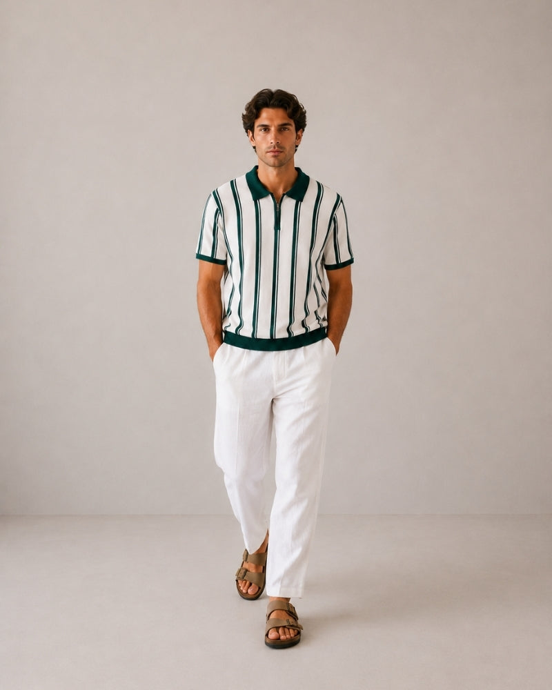 Men's Striped Knit Polo with Half-Zip and Contrast Collar
