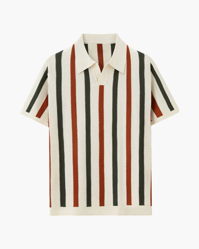 Men's Striped Knit Polo with Open Collar and Textured Weave