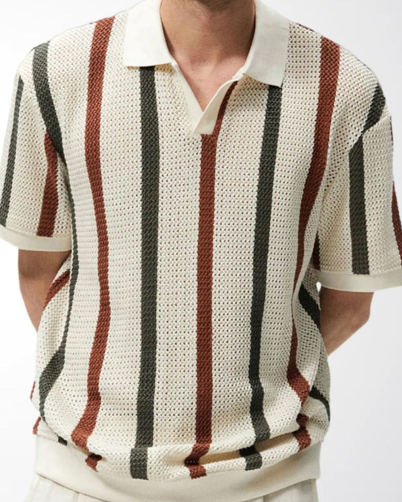 Men's Striped Knit Polo with Open Collar and Textured Weave