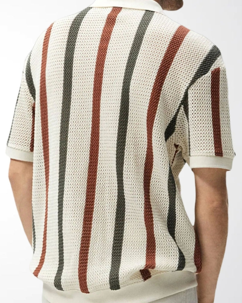 Men's Striped Knit Polo with Open Collar and Textured Weave
