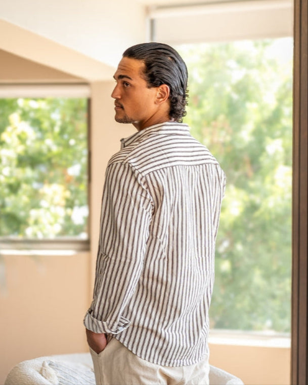 Men's Striped Long Sleeve Shirt with Spread Collar