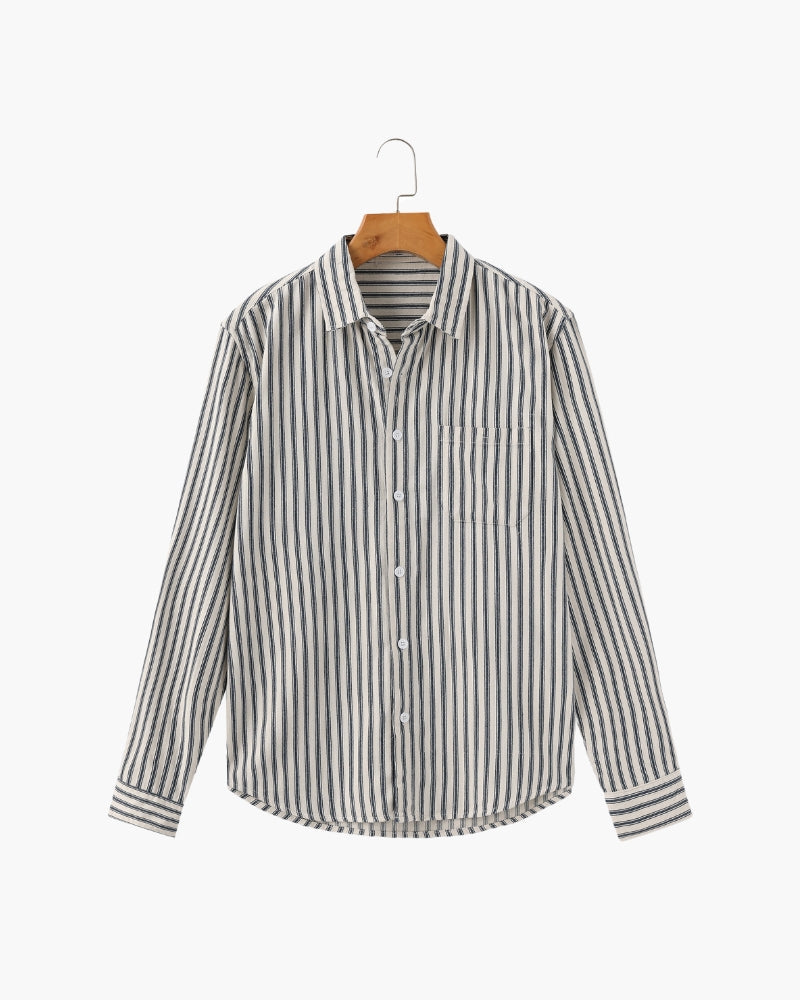 Men's Striped Long Sleeve Shirt with Spread Collar - Blue