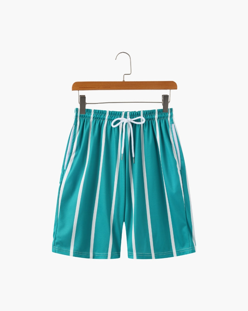 Men's Striped Swim Shorts with Drawstring Waist - Green