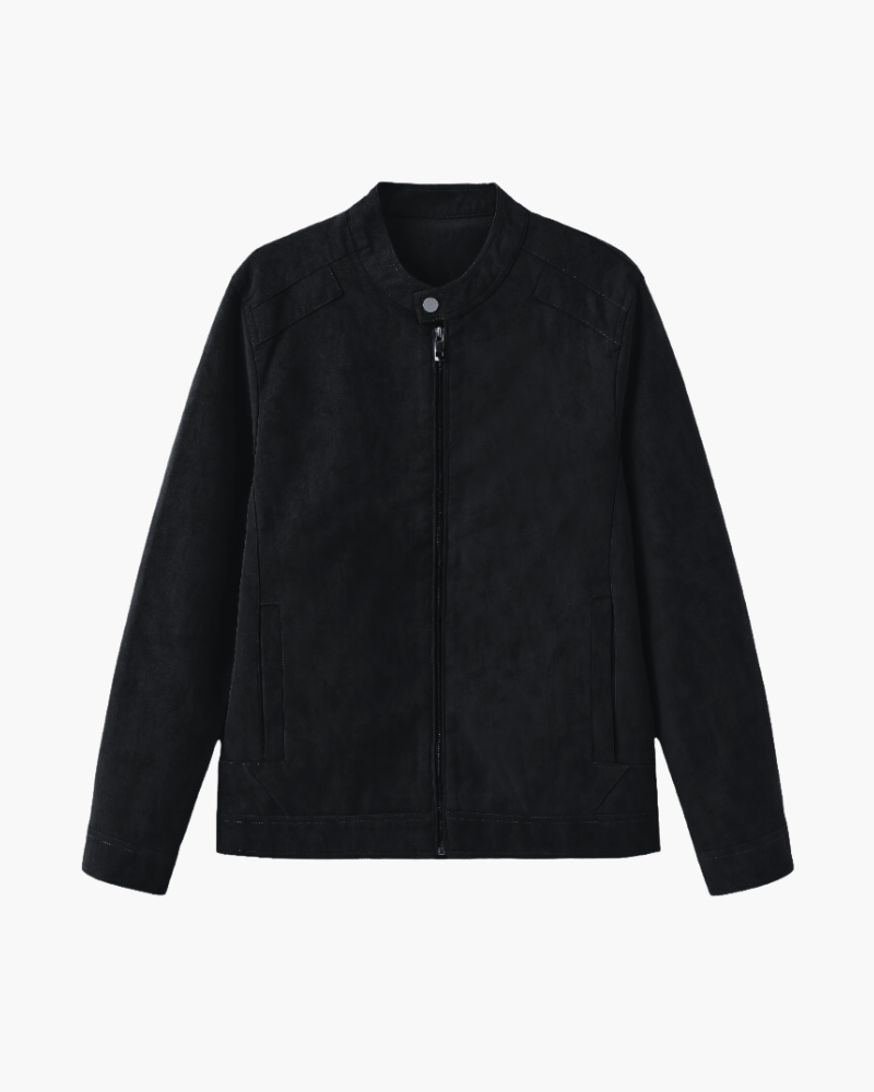 Men's Suede Jacket with Stand Collar and Front Zip - Black