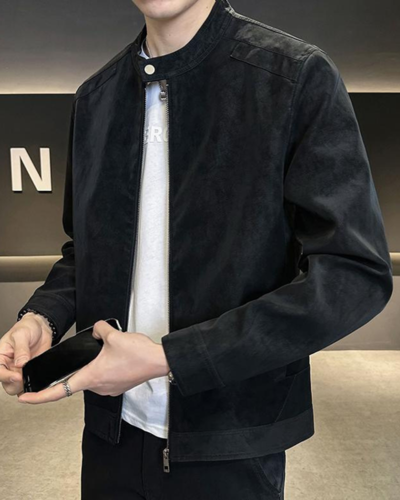 Men's Suede Jacket with Stand Collar and Front Zip