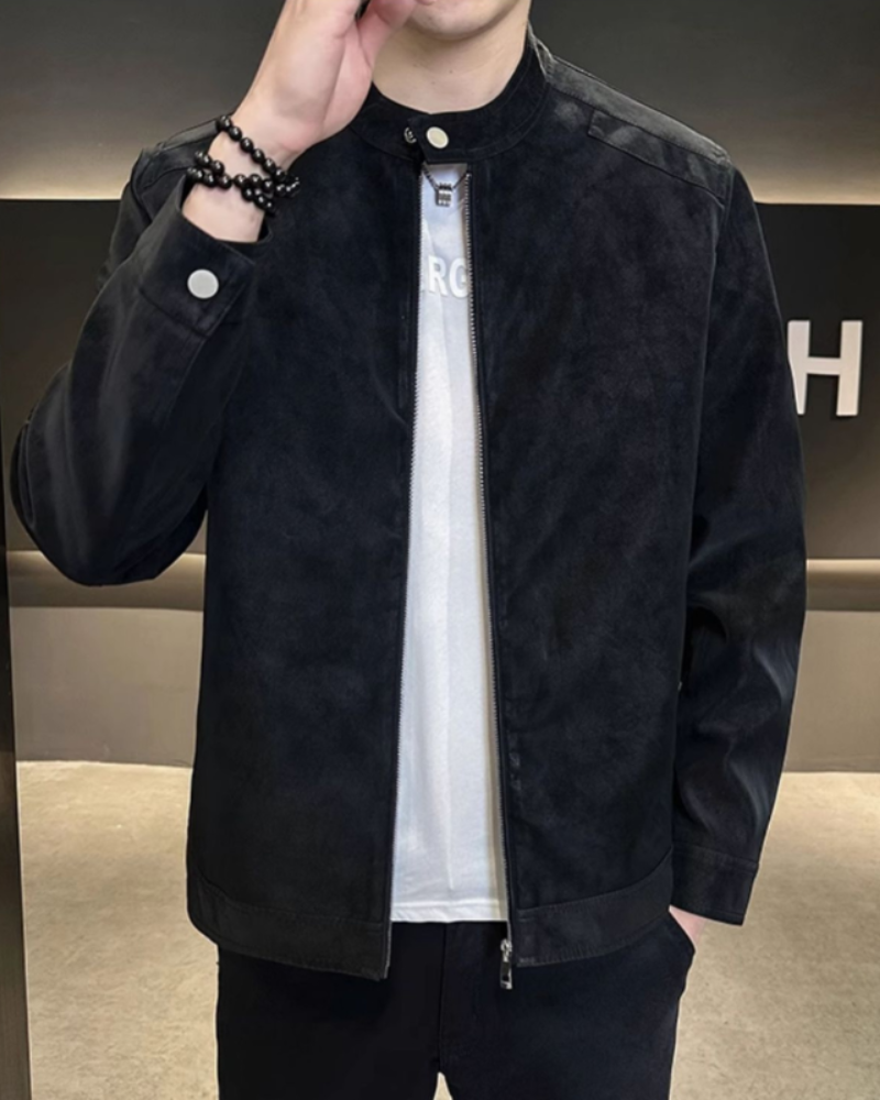 Men's Suede Jacket with Stand Collar and Front Zip