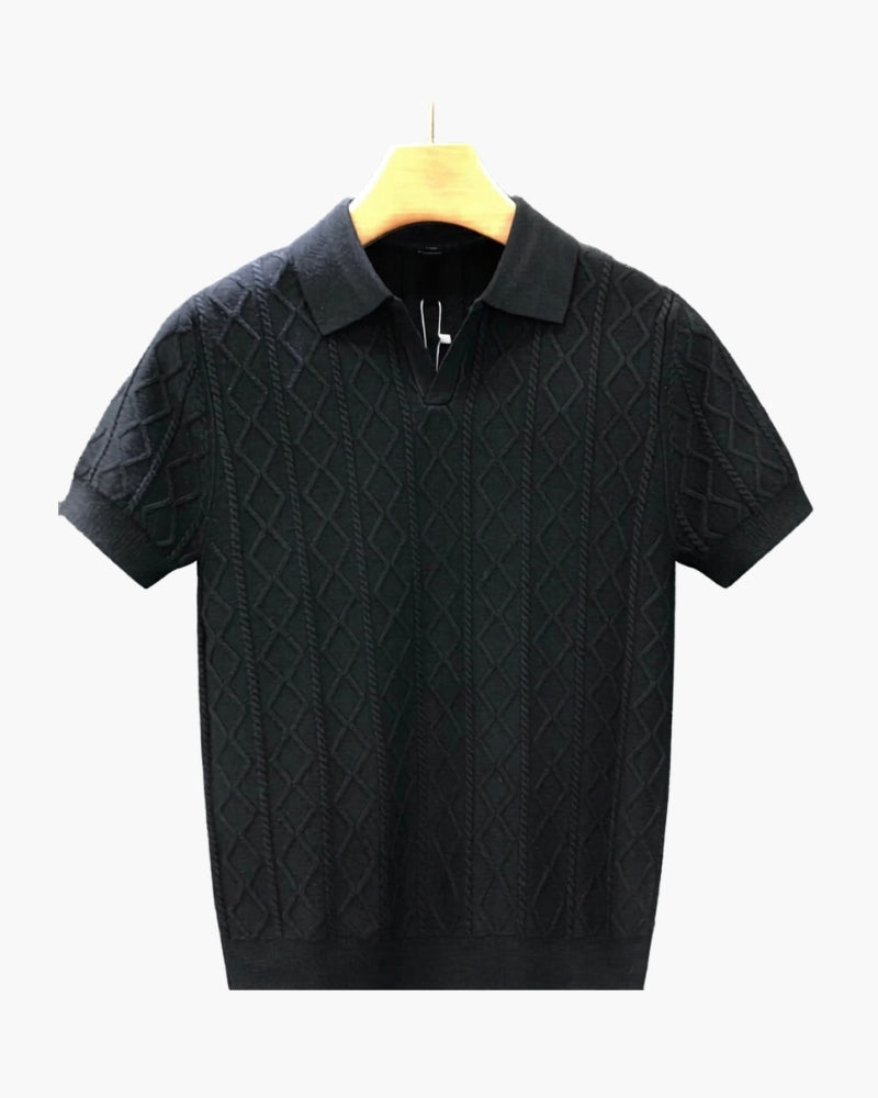 Men's Textured Knit Polo with Diamond Pattern and Short Sleeves - Black