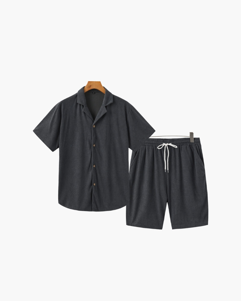 Men's Two-Piece Set with Camp Collar Shirt and Drawstring Shorts