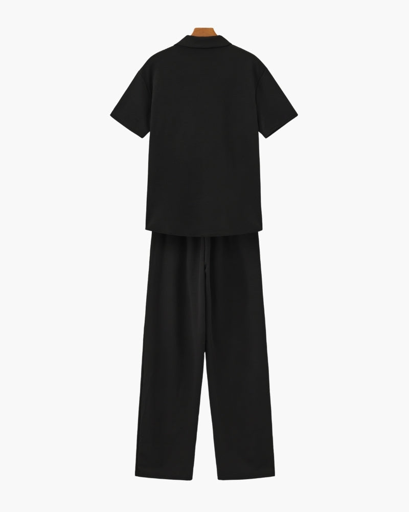 Men's Two-Piece Set with Short Sleeve Polo and Wide Leg Trousers