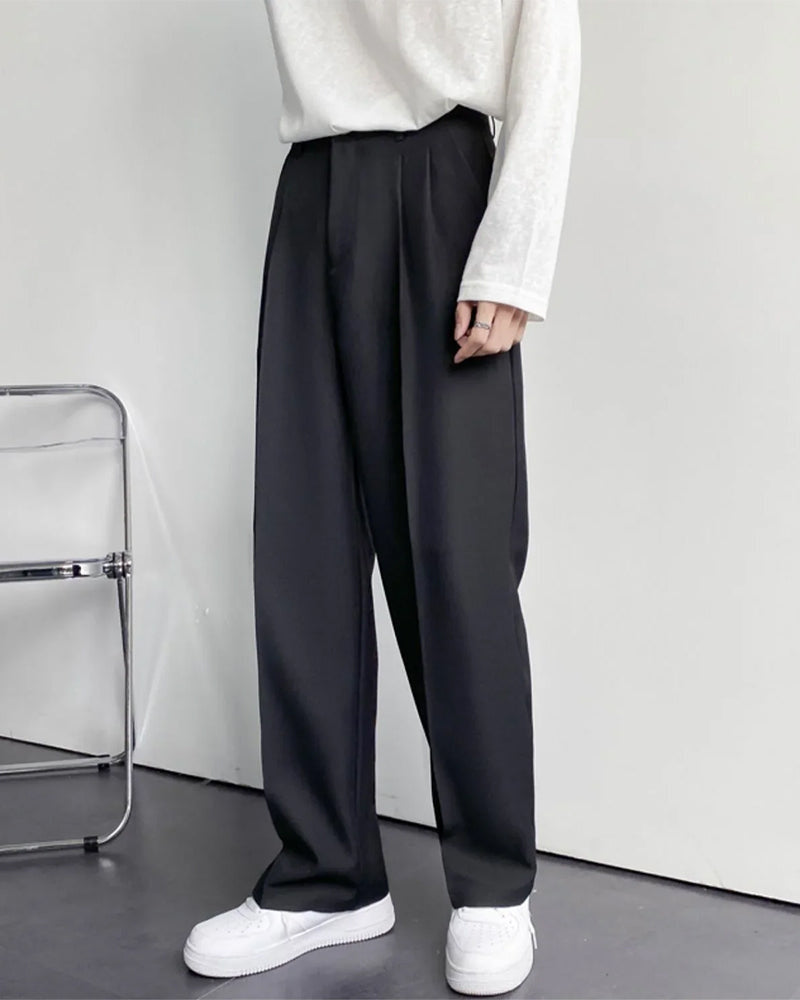 Men's Wide Leg Pleated Trousers with Elastic Waist