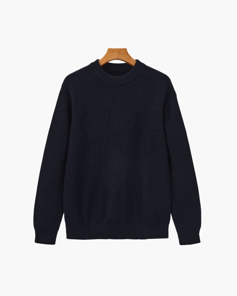 Men's Wool Blend Rib Knit Crew Neck Jumper with Ribbed Cuffs - Navy