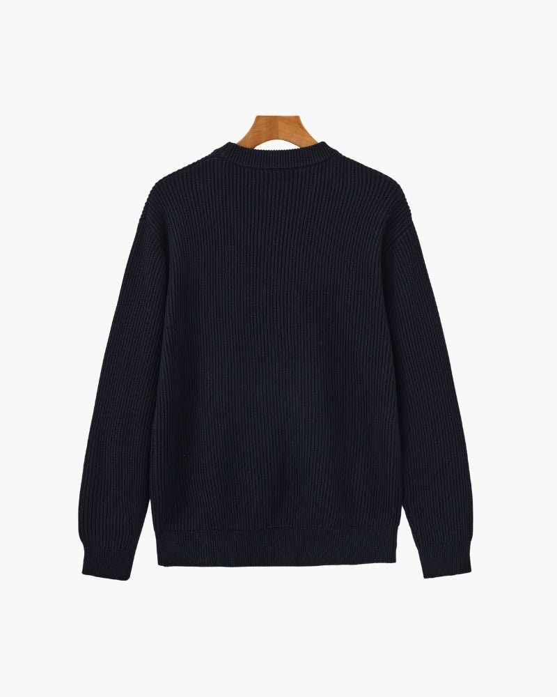 Men's Wool Blend Rib Knit Crew Neck Jumper with Ribbed Cuffs