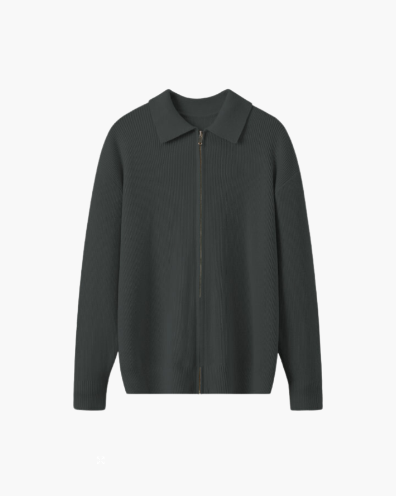 Men's Wool Full-Zip Knit Jacket with Flat Polo Collar - Grey