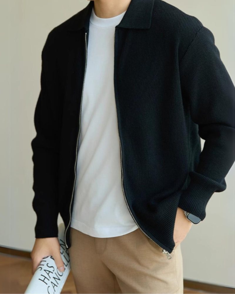 Men's Wool Full-Zip Knit Jacket with Flat Polo Collar