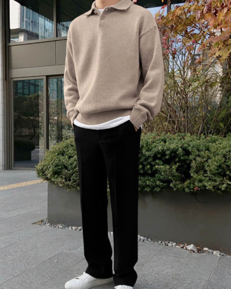 Men's Wool Knit Polo Jumper with Button Placket and Dropped Shoulder