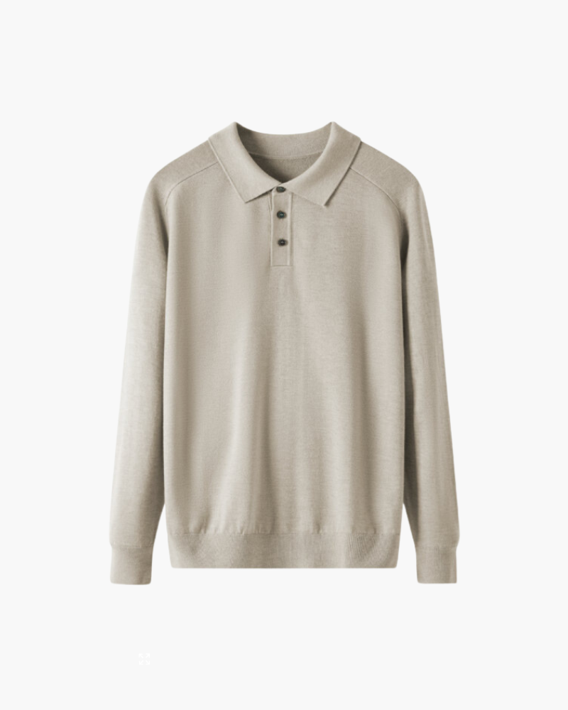 Men's Wool Long Sleeve Polo with Three-Button Placket - Beige