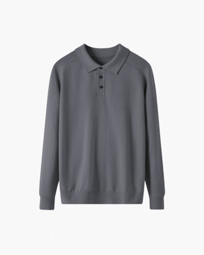 Men's Wool Long Sleeve Polo with Three-Button Placket - Grey