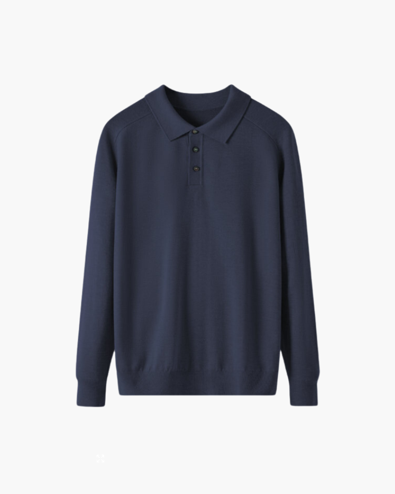 Men's Wool Long Sleeve Polo with Three-Button Placket - Navy