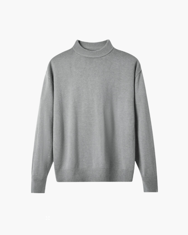 Men's Wool Roll Neck Jumper with Long Ribbed Cuffs and Relaxed Fit - Grey
