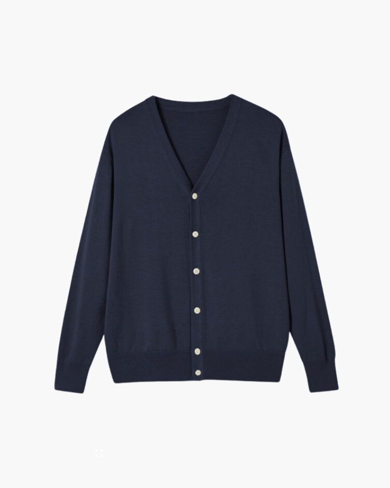 Men's Wool V-Neck Button Cardigan with Ribbed Trims - Navy