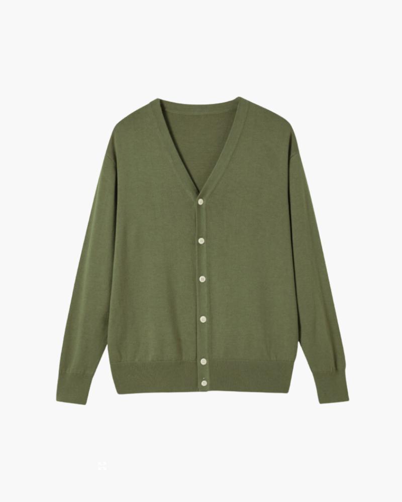 Men's Wool V-Neck Button Cardigan with Ribbed Trims - Green