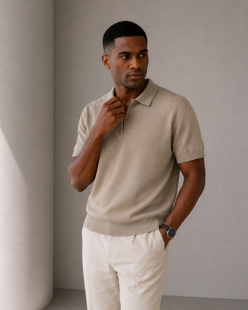 Men's Zip Neck Knit Polo with Short Sleeves and Collar