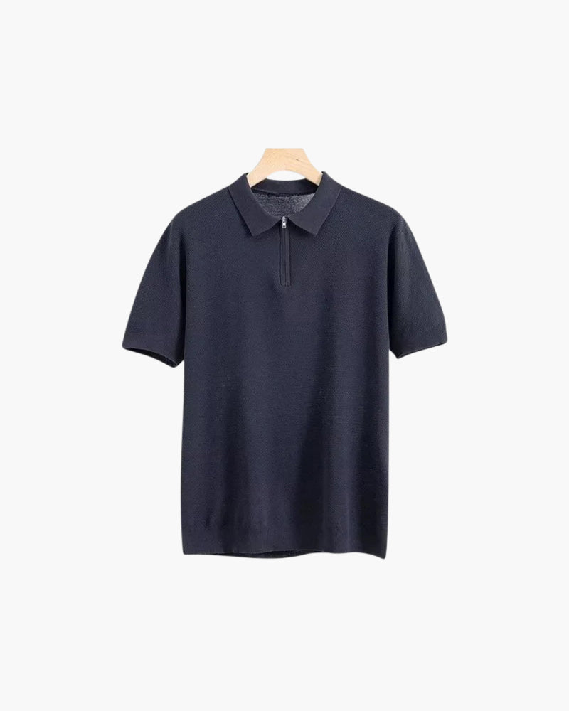 Men's Zip Neck Knit Polo with Short Sleeves and Collar - Navy Blue