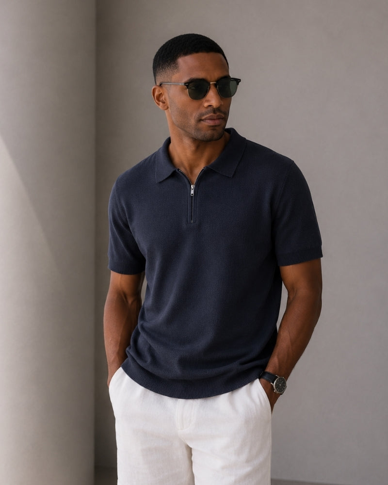 Men's Zip Neck Knit Polo with Short Sleeves and Collar