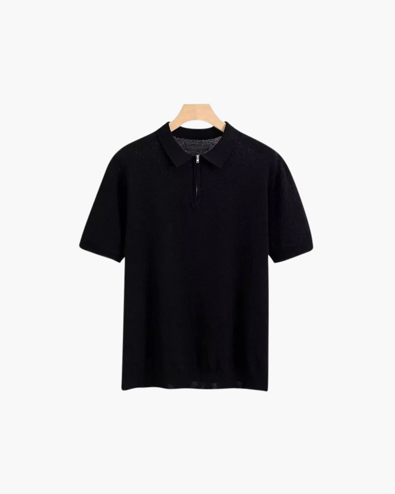 Men's Zip Neck Knit Polo with Short Sleeves and Collar - Black