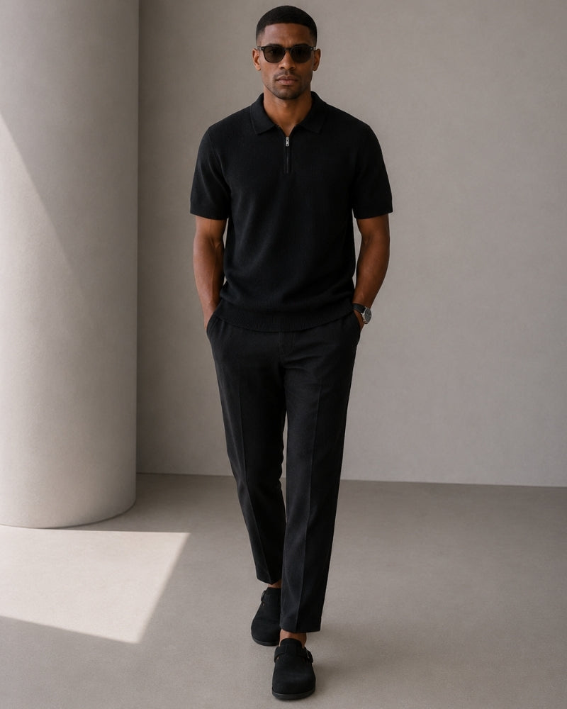 Men's Zip Neck Knit Polo with Short Sleeves and Collar
