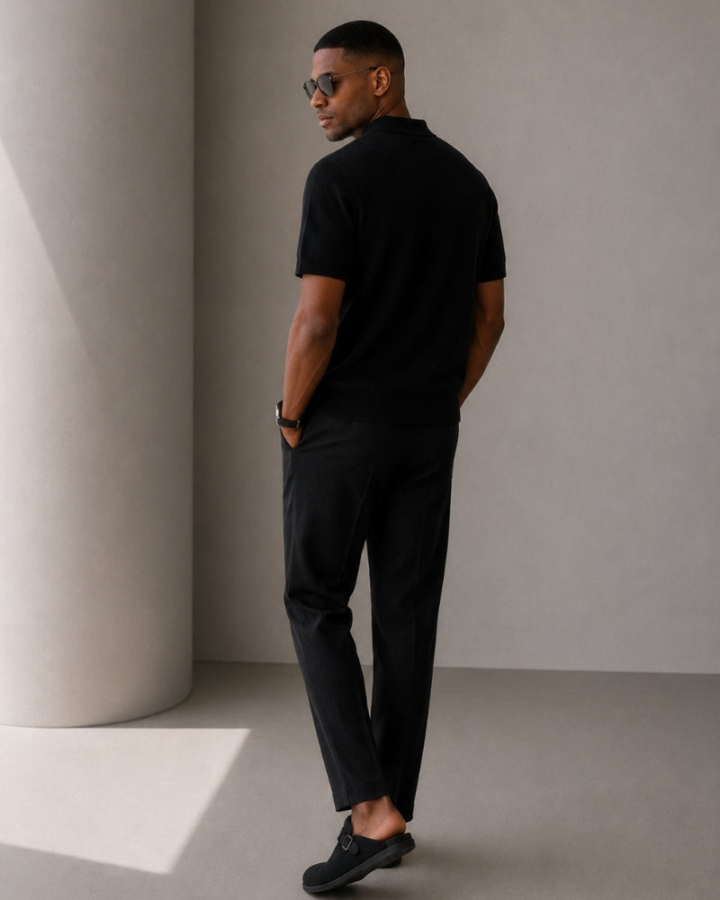 Men's Zip Neck Knit Polo with Short Sleeves and Collar