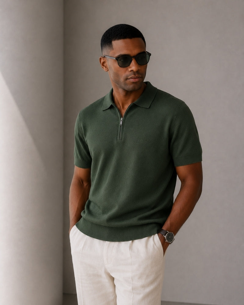 Men's Zip Neck Knit Polo with Short Sleeves and Collar