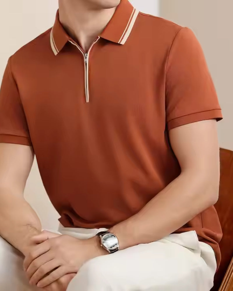 Men's Zip Polo with Contrast Piping and Short Sleeves