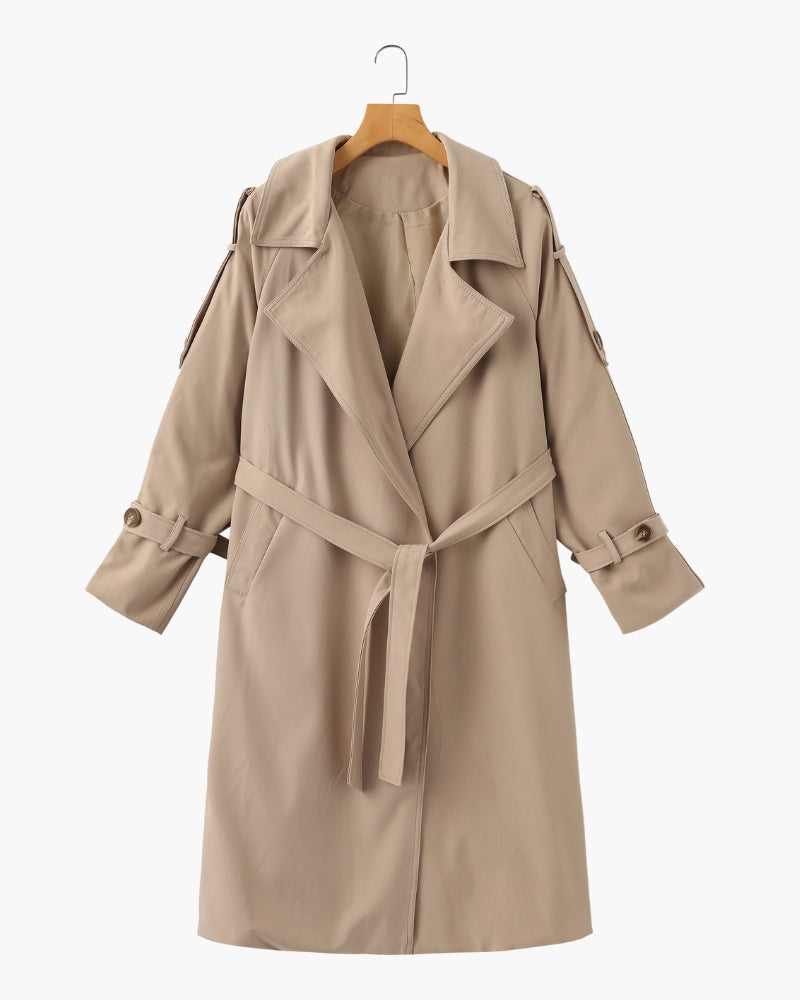 Women's Belted Trench Coat with Notch Lapel and Cuffed Sleeves - Mocha