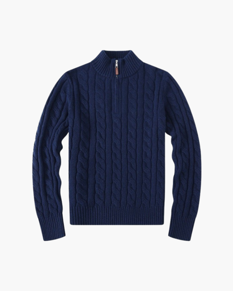 Women's Cable Knit Half-Zip Jumper with Stand Collar - Marine