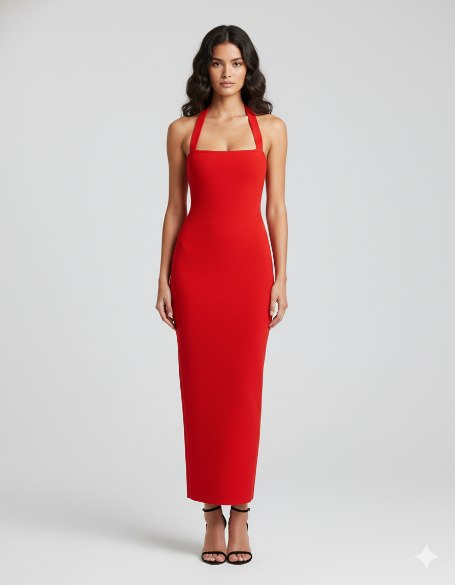 Women's Halter Neck Maxi Dress with Slim Fit and Adjustable Straps
